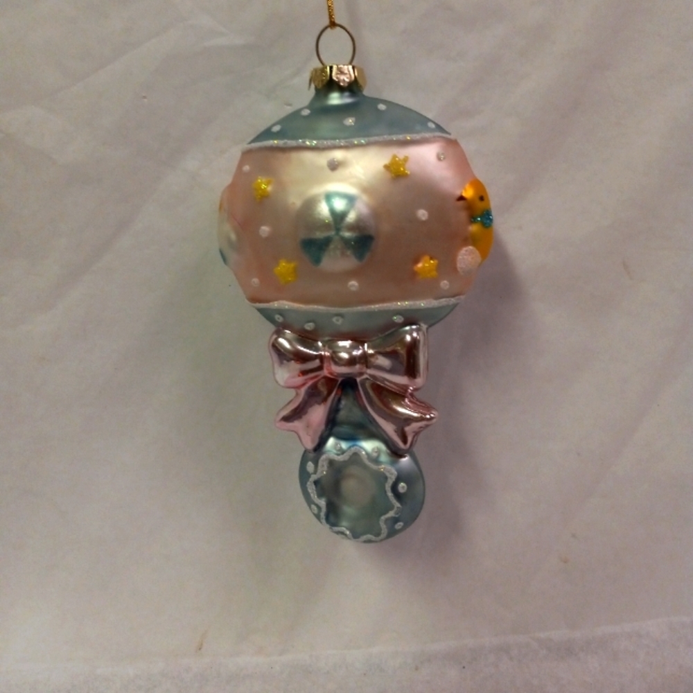 VINTAGE Collectible Baby Girl/Boy Blue Glass Rattle Shower/Xmas Tree Ornamen…